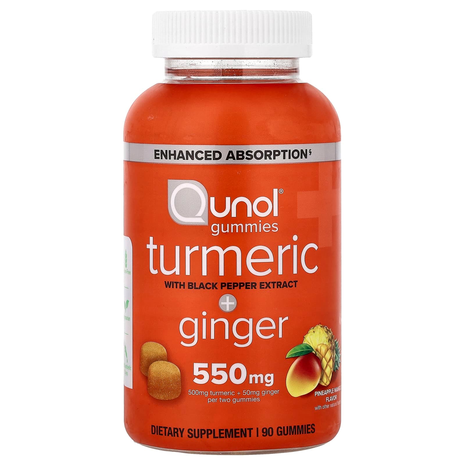 Qunol Turmeric + Ginger Gummies With Black Pepper Extract – Pineapple Mango – 90 gommes de Qunol