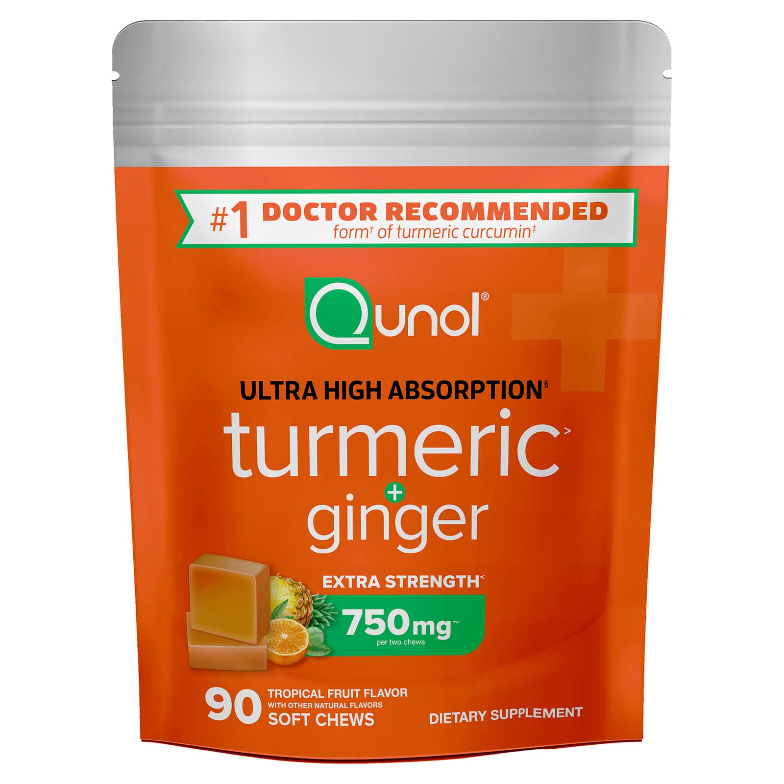 Qunol Turmeric + Ginger, 90 Soft Chews – Tropical Fruit de Qunol