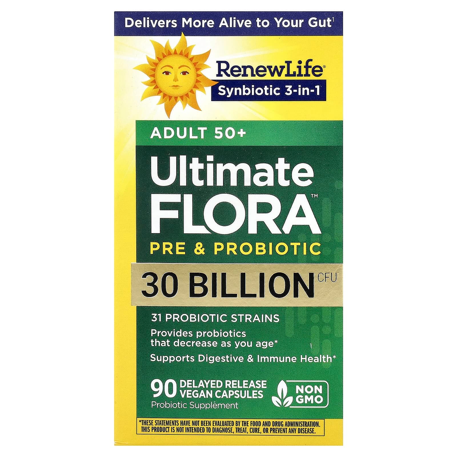 Renew Life Ultimate Flora Pre & Probiotic, Adult 50+, 90 Delayed Release Vegan Capsules de Renew Life