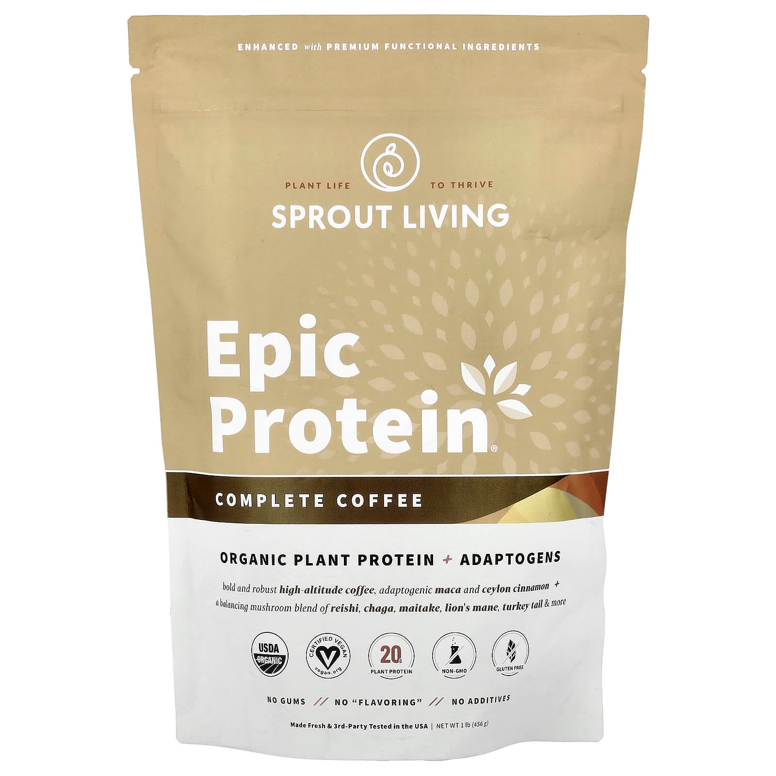 Sprout Living Epic Protein, Organic Plant Protein + Adaptogens – Complete Coffee – 456 g de Sprout Living