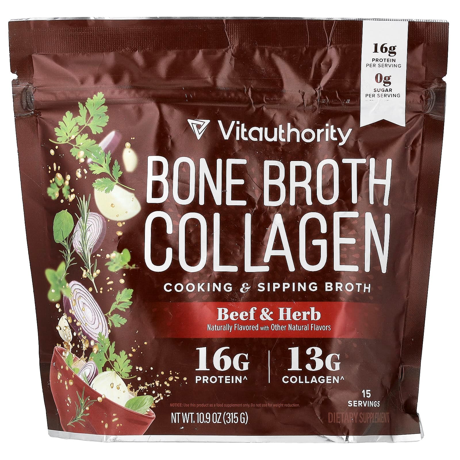 Vitauthority Bone Broth Collagen, Cooking & Sipping Broth, Beef & Herb – 315 g de Vitauthority