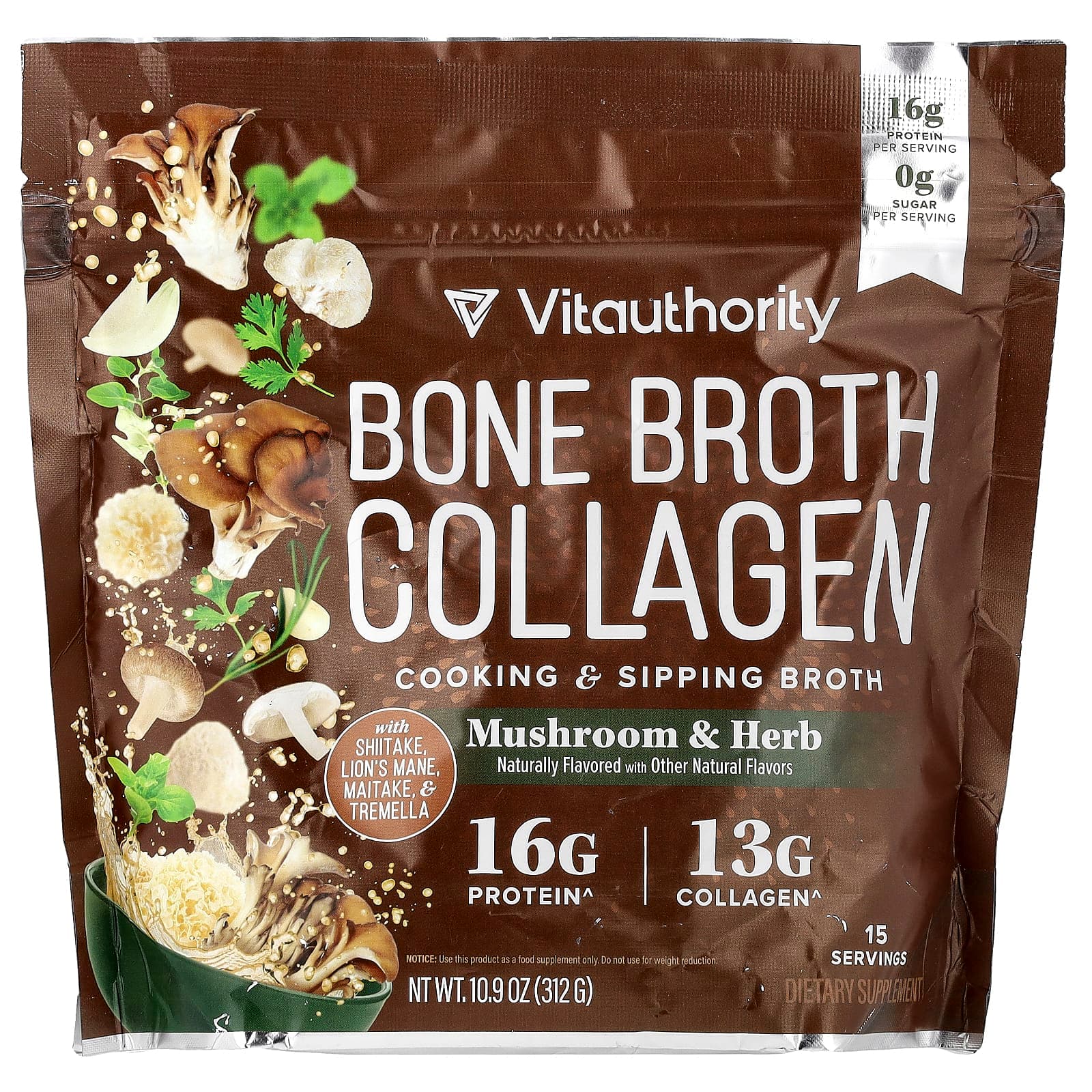 Vitauthority Bone Broth Collagen, Cooking & Sipping Broth, Mushroom & Herb – 312 g de Vitauthority