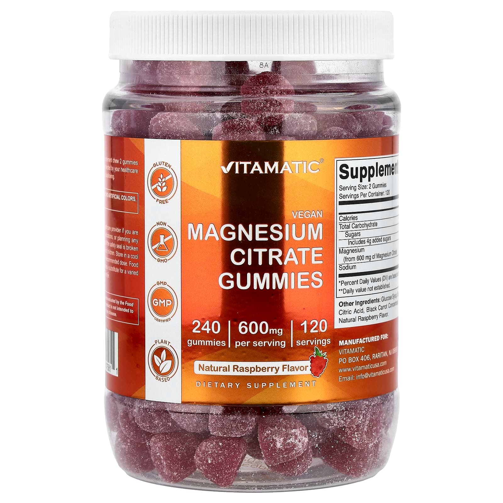 Vitamatic Vegan Magnesium Citrate Gummies – Natural Raspberry – 240 gommes de Vitamatic