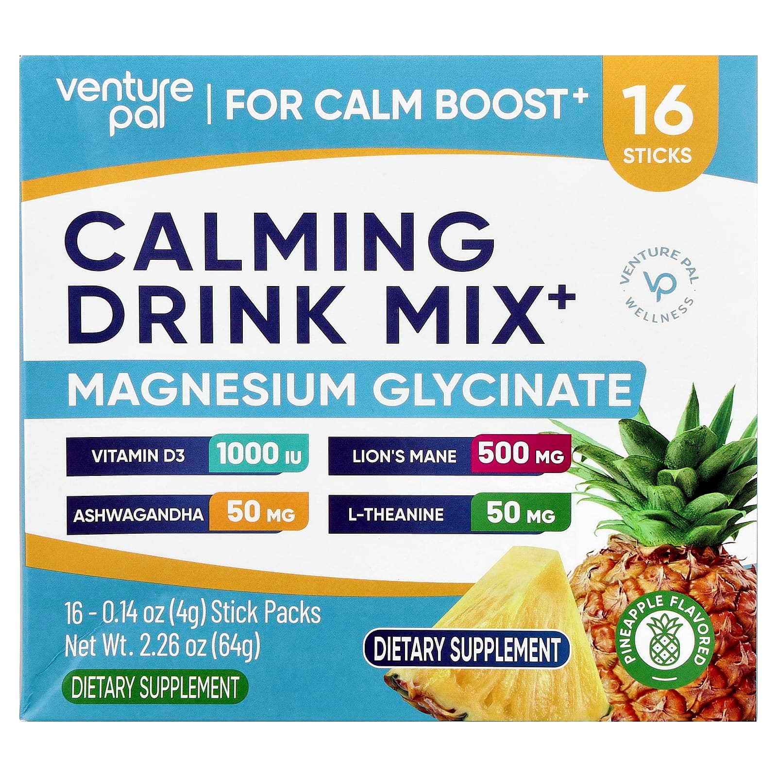 Venture Pal Calming Drink Mix+, Magnesium Glycinate – Pineapple – 4 g de Venture Pal